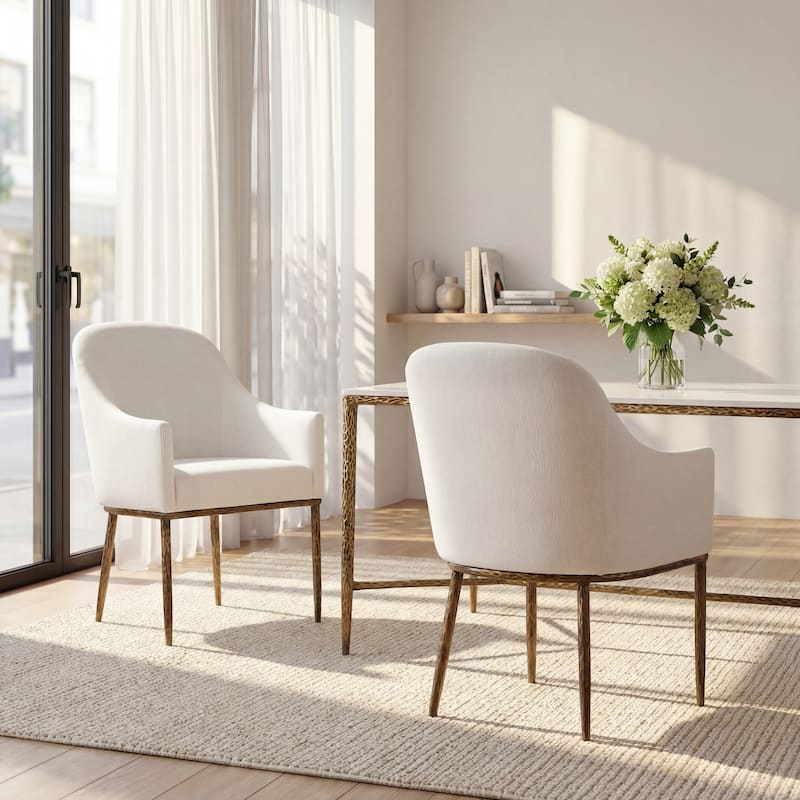 Christopher Knight Home - Ameson Artisan Upholstered Dining Chairs Set with Amrest, Hammered Metal Legs & Padded Seat - Forged Brass+Beige - Set of 2