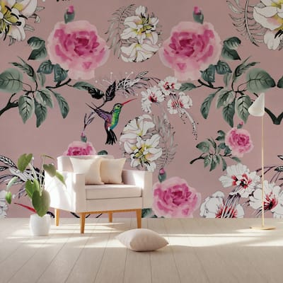 GK Wall Design Vintage Pink Roses Flower Colorful Birds Nostalgic Removable Wallpaper