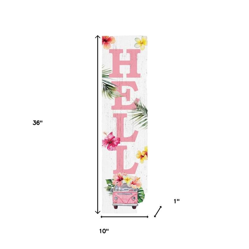 HomeRoots 36" Pink And White Solid Wood Tropical Floral Hello Porch Sign