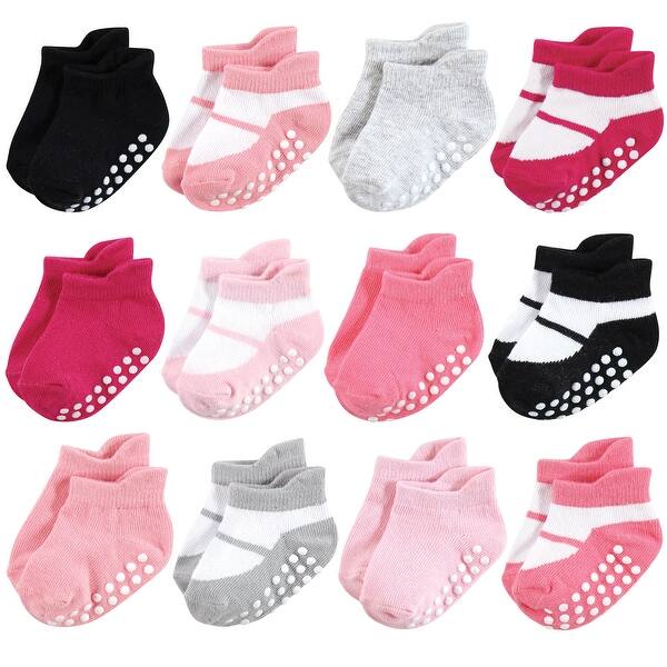 slide 1 of 1, Hudson Baby Infant Girl Non-Skid No-Show Socks, Pink Black Pink Black - 12-24 Months