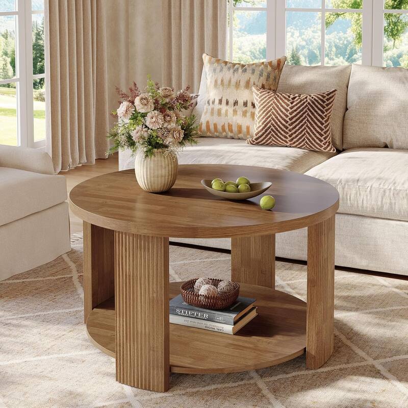 2-Tier Round Coffee Table for Living Room - Brown