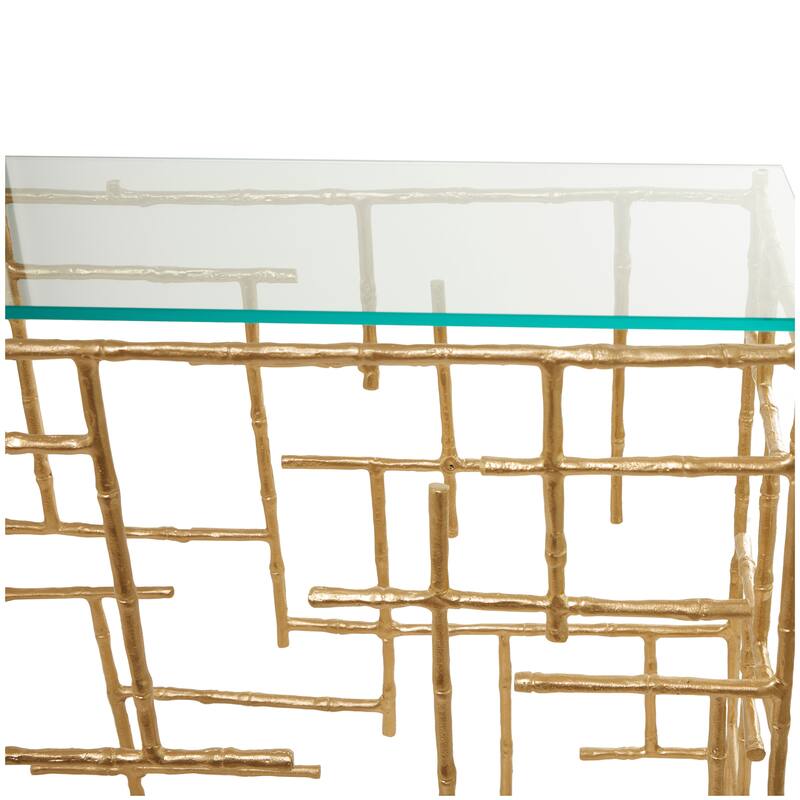 Gold Aluminum Metal Grid Style Frame Geometric Console Table with Clear Glass Top