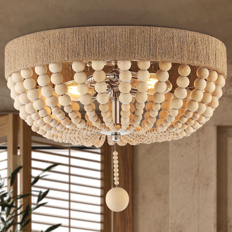 Norris Wood Bead 14" 2-Light Farmhouse Bohemian Iron LED Flush Mount, Light Taupe/Chrome by JONATHAN Y
