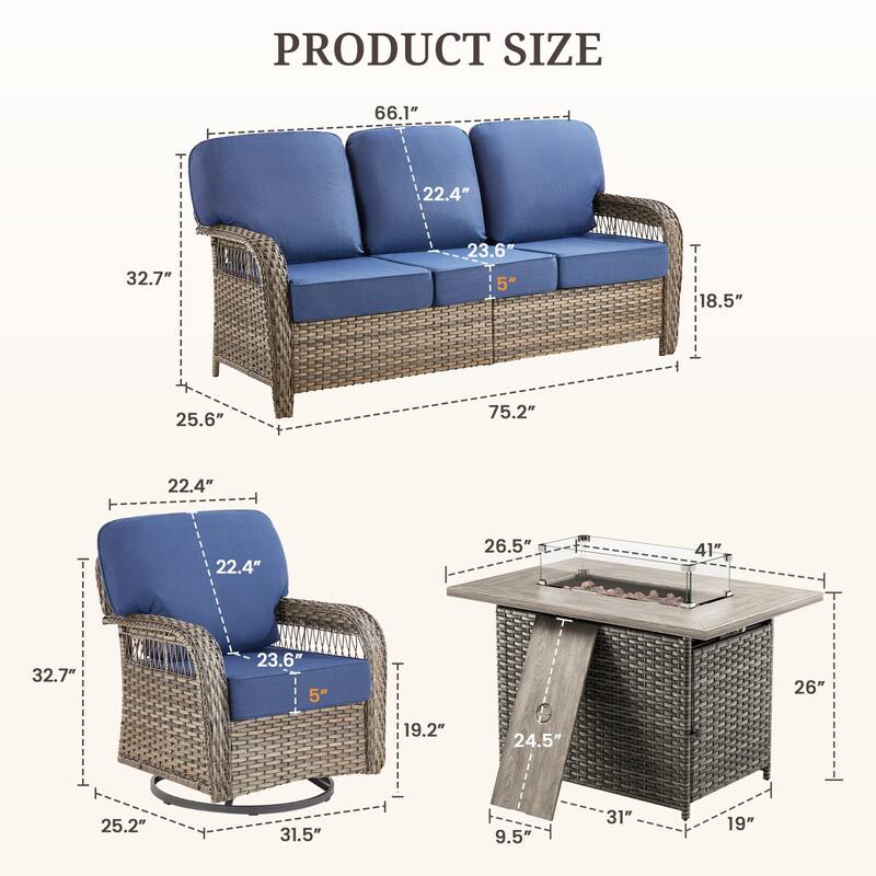 Pocassy Outdoor Fire Table with Swivel Chair Sofa Funiture Set.