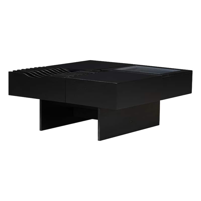 33'' Mid-Century Modern Coffee Table with 3 Drawers, Tempered Glass & Solid Wood Legs for Living Room - 33" D x 33" W x 14.1" H