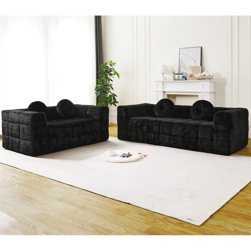 5-seater Boneless Foam Couch with Four Circular Throw Pillows - Black