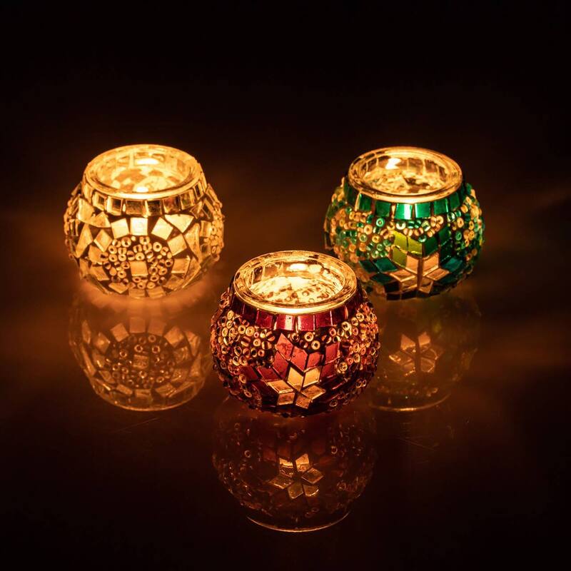 2.4 in. Handmade Ecru and White and Turquoise Mosaic Glass Tealight Candle Holder (Set of 3)
