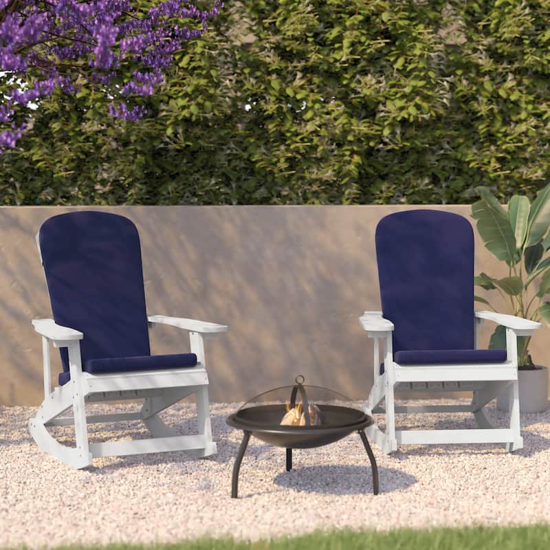 Indoor/Outdoor Rocking Adirondack Chairs with Cushions - Set of 2 - 29.5"W x 37.75"D x 39.5"H - White/Blue