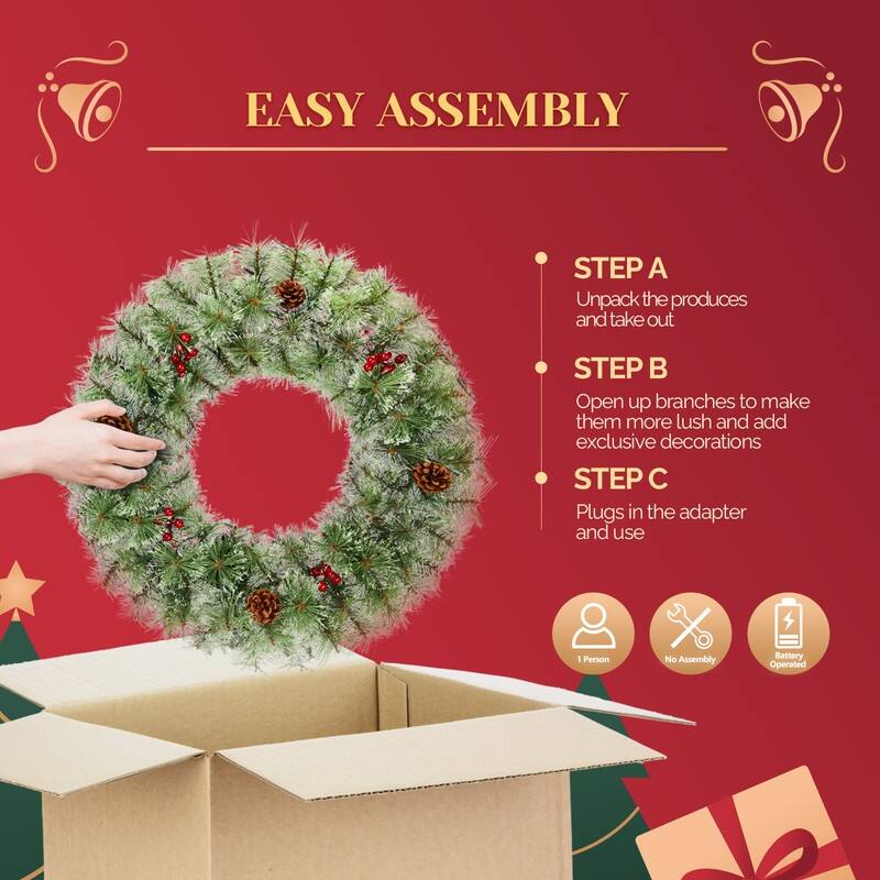 2 Pack 24in Pre-lit Christmas Wreath, Lighted Artificial Xmas Wreath with Red Berries Pine Cones, for Party Decorations
