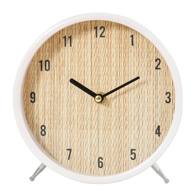 Light Brown Wood Woven Clock Chevron Patterned or White Frame with Silver Legs