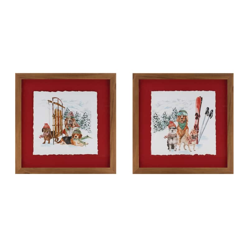 Set of 2 Winter Dog Art Prints with Sled and Ski Accents in Red Matte Glass Frames Perfect for Winter or Cabin Decor