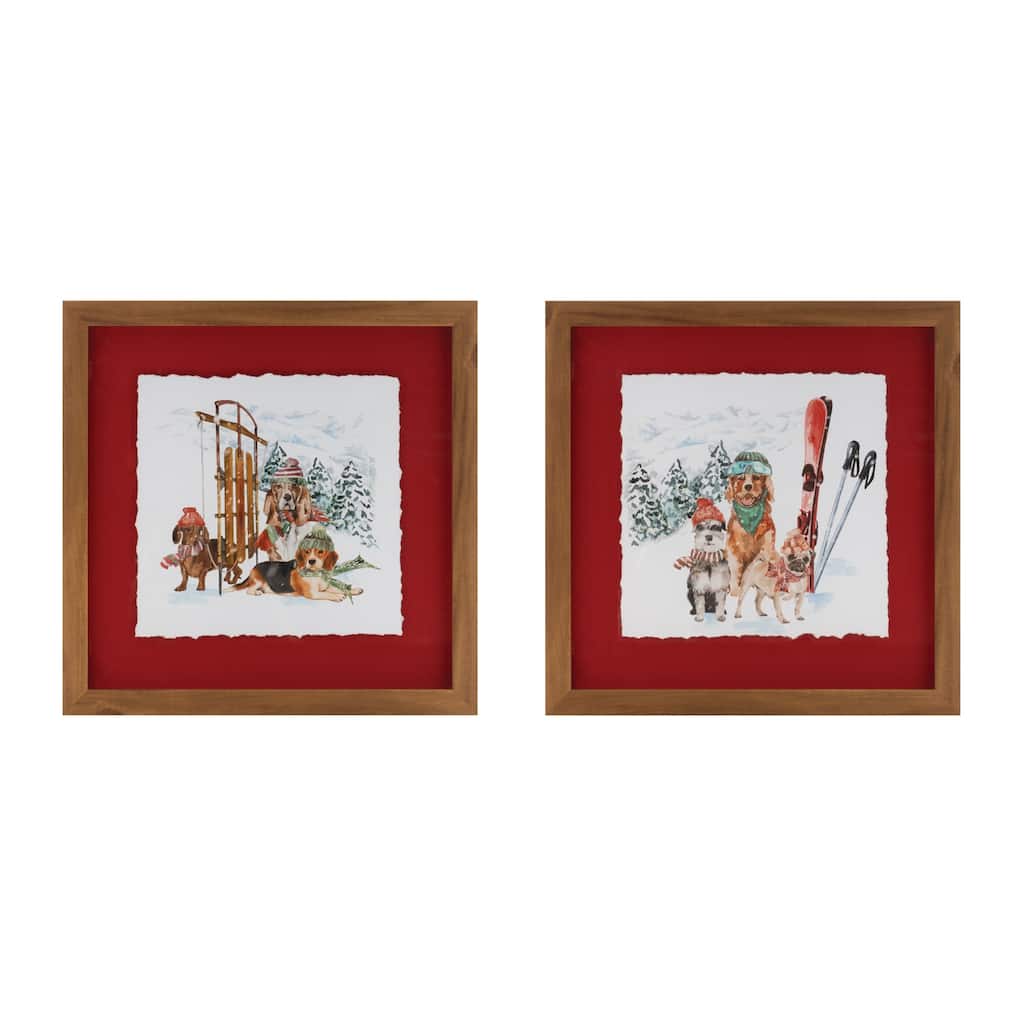 Set of 2 Winter Dog Art Prints with Sled and Ski Accents in Red Matte Glass Frames Perfect for Winter or Cabin Decor