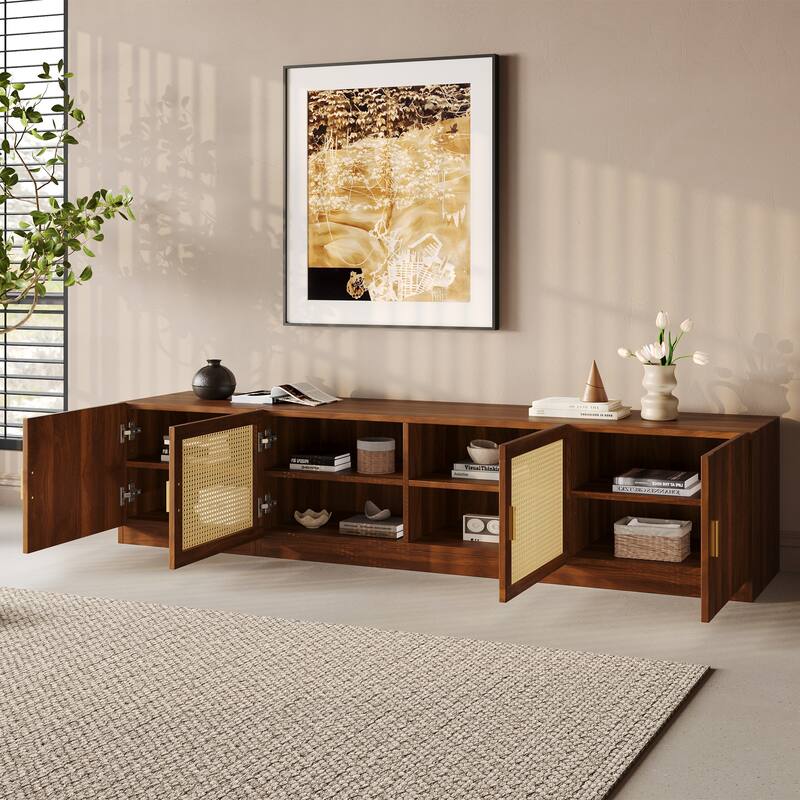 Anmytek Retro TV Stand Media Console with Rattan Doors Wood Grain Large Screen TV Cabinet Storage
