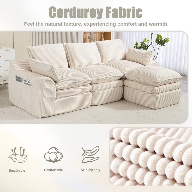 103" L-Shaped Corduroy Boneless Sectional Sofa with Movable Ottoman