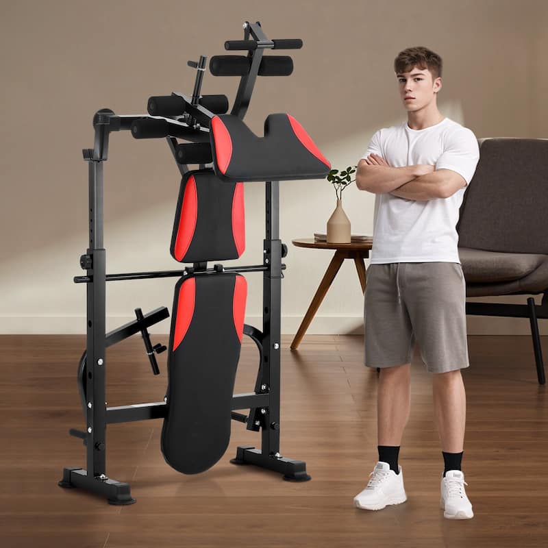 Black Red Steel Workout Bench with Rack, Foldable and Adjustable - 68.1” L x 53.9” W x 51.2” H