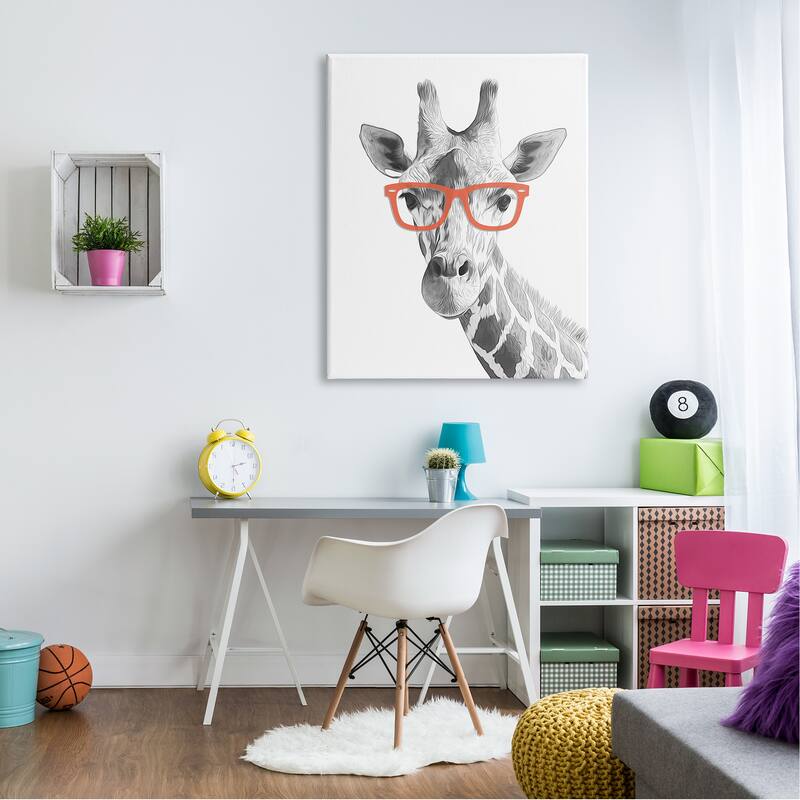 Stupell Monochrome Giraffe Portrait Wearing Red Glasses Design Canvas Wall Art