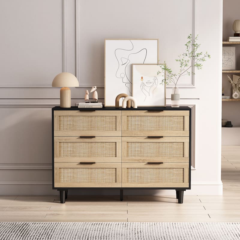 Rattan 6-Drawer Double Dresser, Storage Cabinet for Bedroom, Living Room - Black