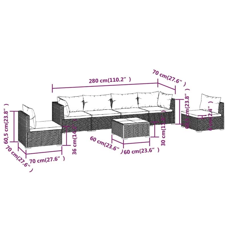 vidaXL Patio Lounge Set Outdoor Sectional Sofa Set Table Garden Poly Rattan - 27.6" x 27.6" x 23.8"
