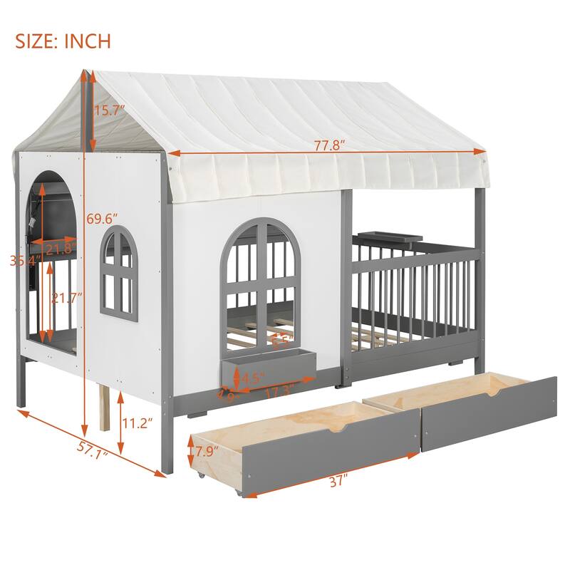 Full-Size House Bed with Bookshelf, USB Charging Station & Tent Roof by Harper&Bright Designs