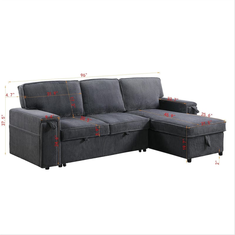 Pull Out Sleeper Sectional Sofa Bed Corduroy L-shaped Couch with Reversible Storage Chaise, Side Pockets and Hidden Cup Holders