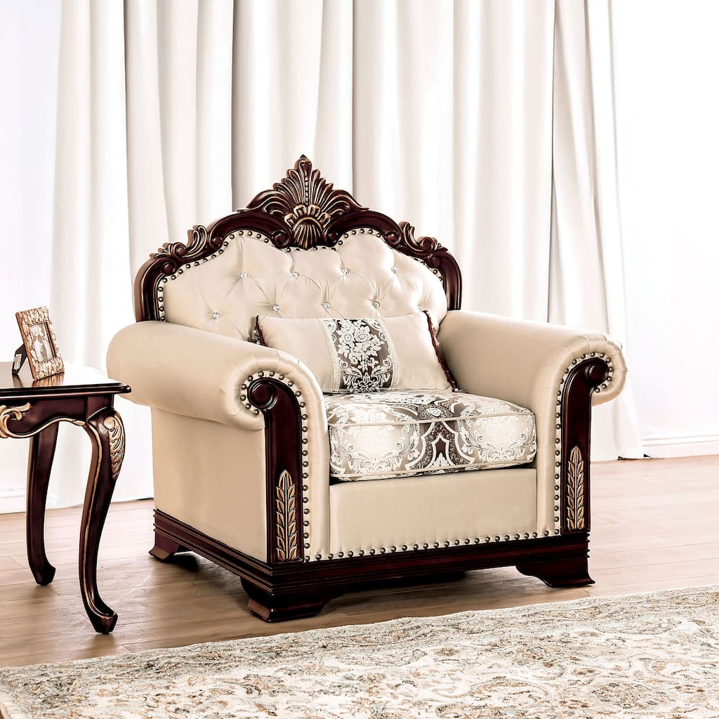 Furniture of America Mirabella Traditional Beige Tufted Solid Wood Arm Chair with Accent Pillows