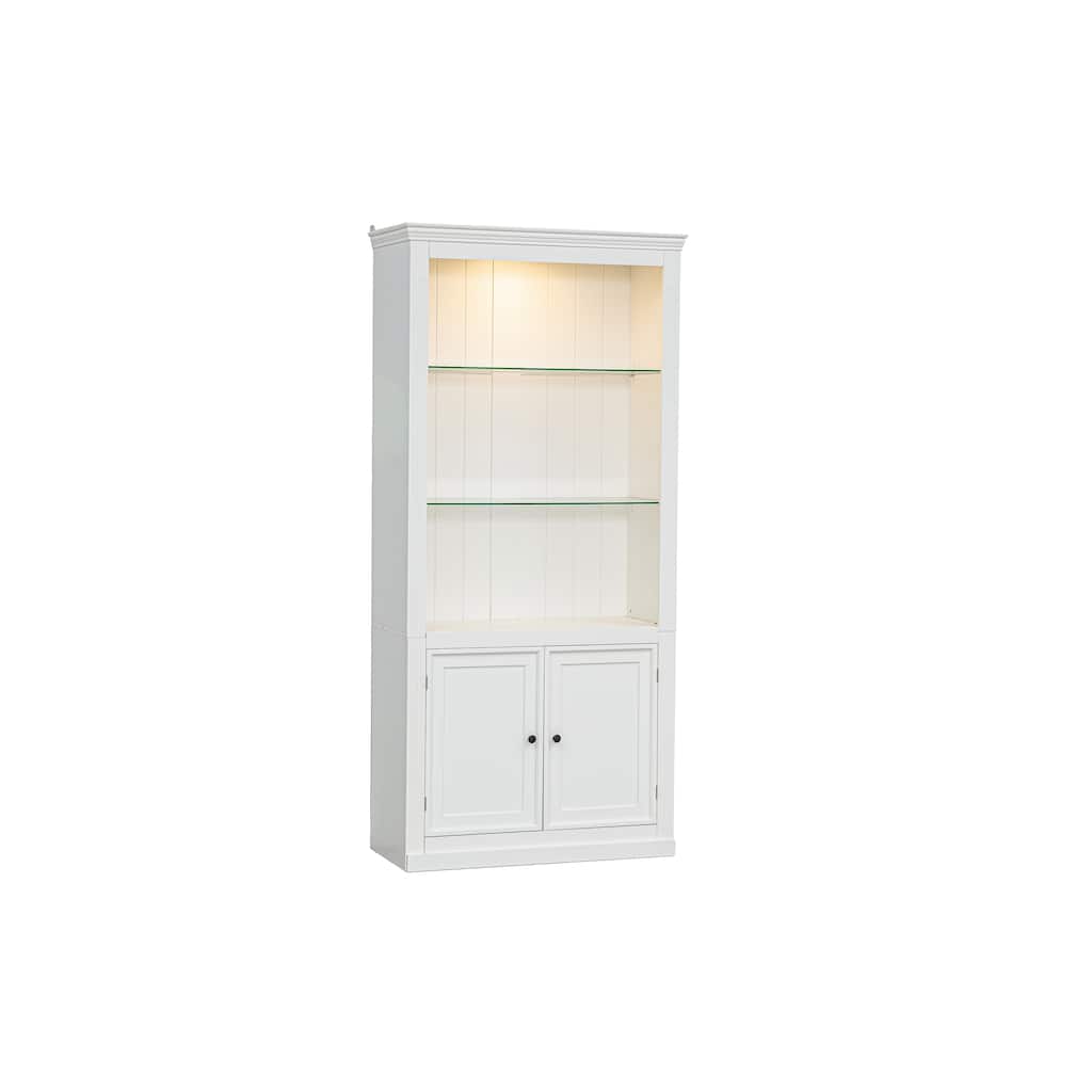 78.75"Tall Display Shelves with 5 Colors Adjustable LED Ceiling Light, Retro-style Bookcases with Tempered Glass Shelves