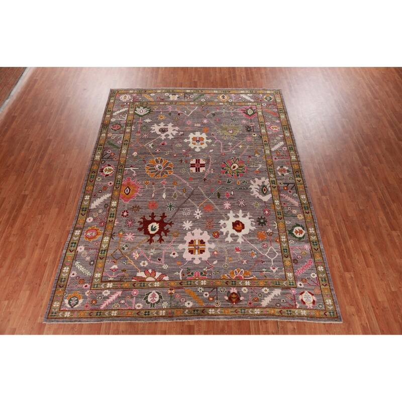 Hand Knotted Oriental 100% Wool Carpet Transitional All-Over Brown Oushak Area Rug - 12' 4'' X 9' 0''