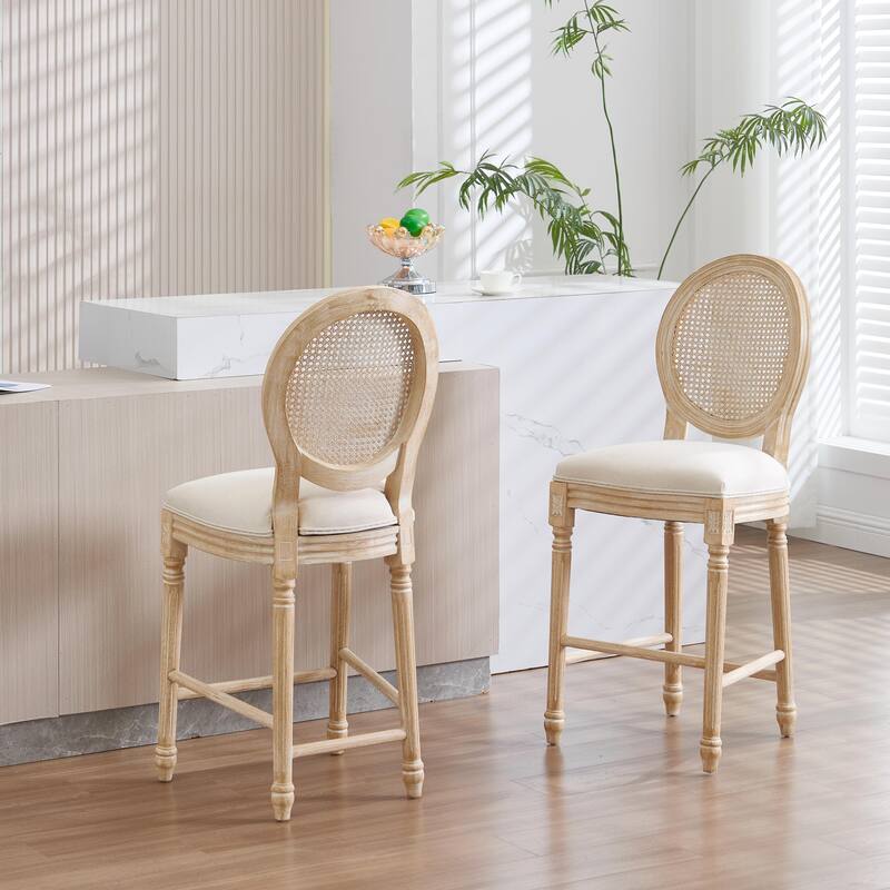 Dining Chairs Set of 2, Upholstered Chairs with Nature Rattan Round Back, Wire Drawing and Carving Techniques,Disassemblable