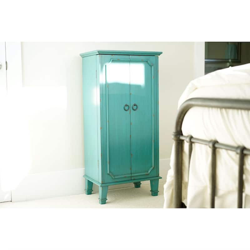 Vintage Turquoise Hand Painted Jewelry Armoire with Antique Drawer Pulls - 13.8 x 19 x 40 inches