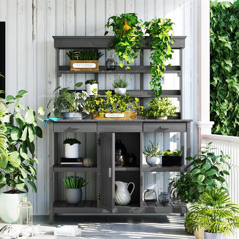 Large Outdoor Farmhouse Wooden Potting Bench Table, Garden Workstation with 2 Drawers, Cabinet and Open Shelves for Backyard