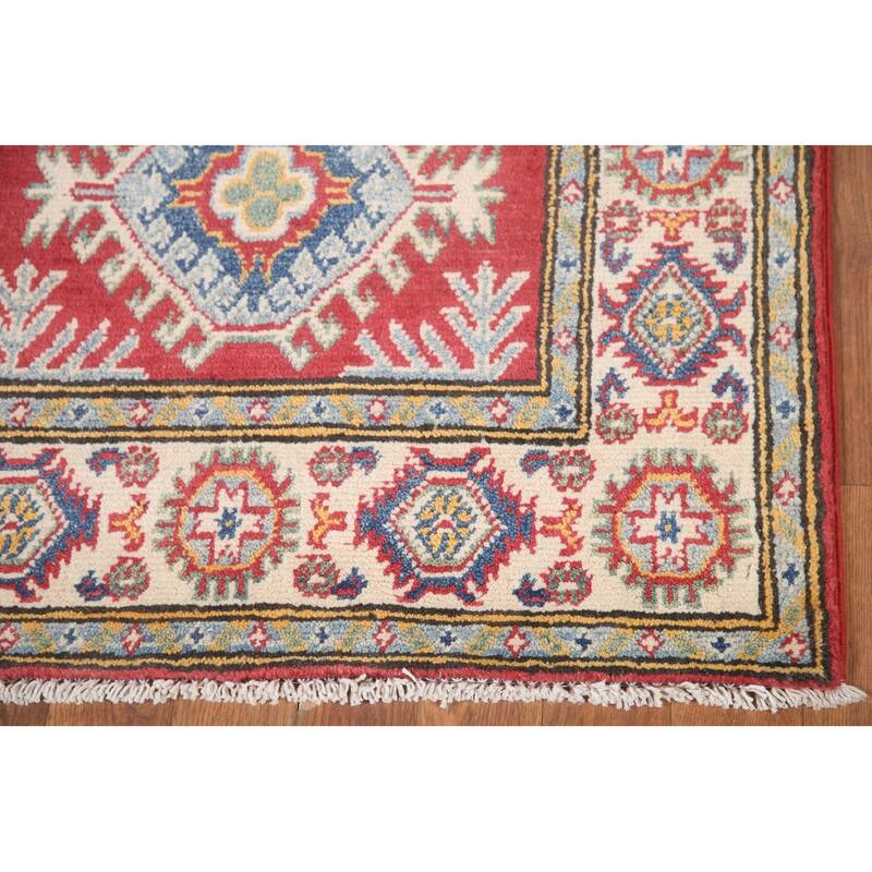 Hand Knotted Oriental 100% Wool Carpet Traditional Geometric Red Kazak Area Rug - 6' 5'' X 2' 8''