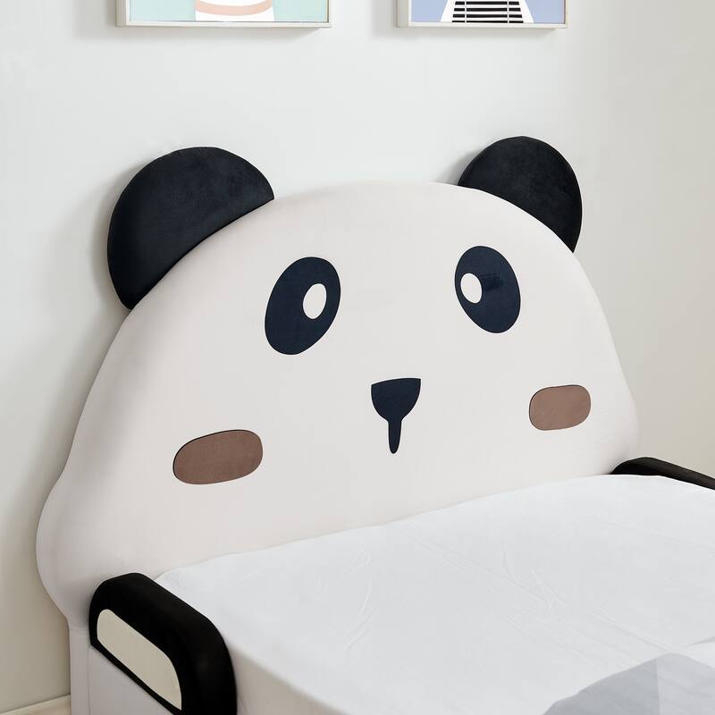 Twin Panda-Shaped Kids Bed with Soft Padded Safety Edges - Solid Wood Toddler Bed Frame in Velvet Fabric