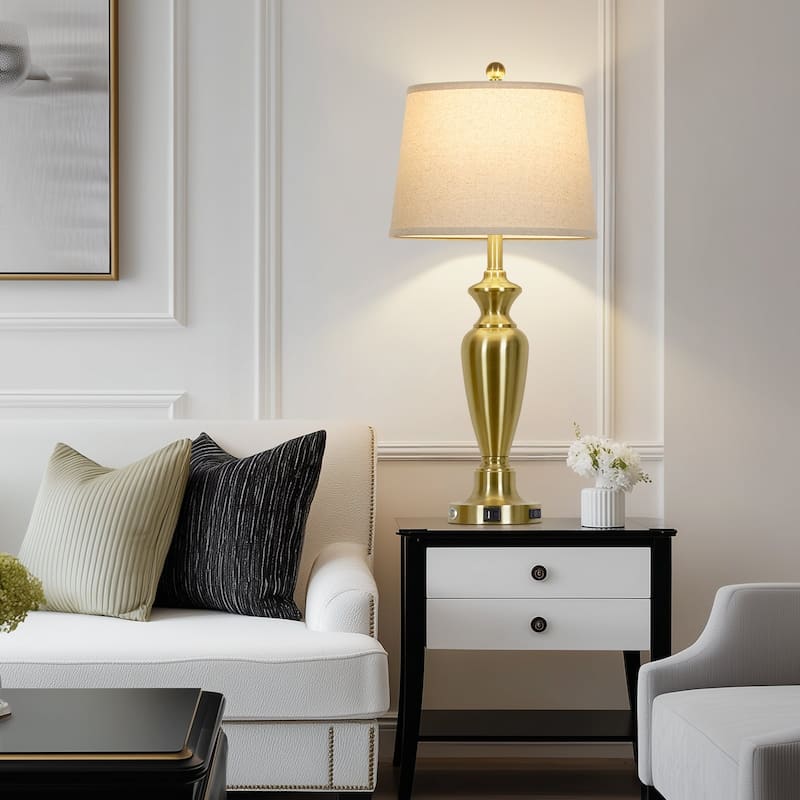Set of 2 Modern 28-Inch Table Lamps with Built-in Night Light, USB Ports & AC Outlet - 13'' x 13'' x 30''