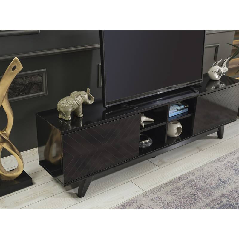 TV Stand Console Wood TV Cabinet with 2 Closet Spaces for Living Room