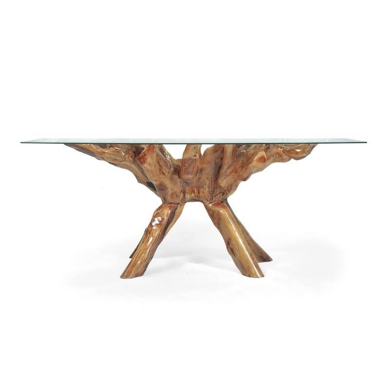 Chic Teak Rustic Teak Wood Root Dining Table Including 87 x 43 Inch Glass Top