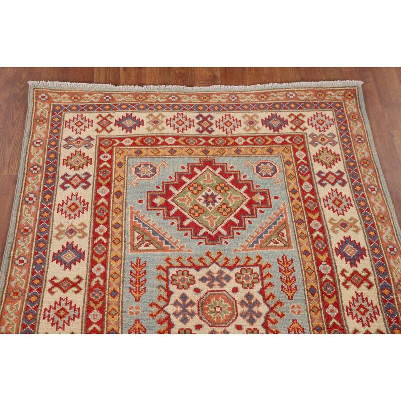 Geometric Kazak Accent Rug Handmade Blue Wool Carpet - 3'5" x 4'10"