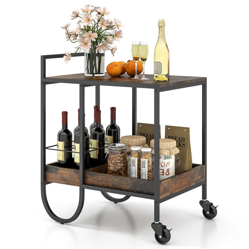 Rolling Buffet Serving Cart with Removable Metal Wire Wine Rack-Brown - 24" x 17" x 29" (L x W x H)