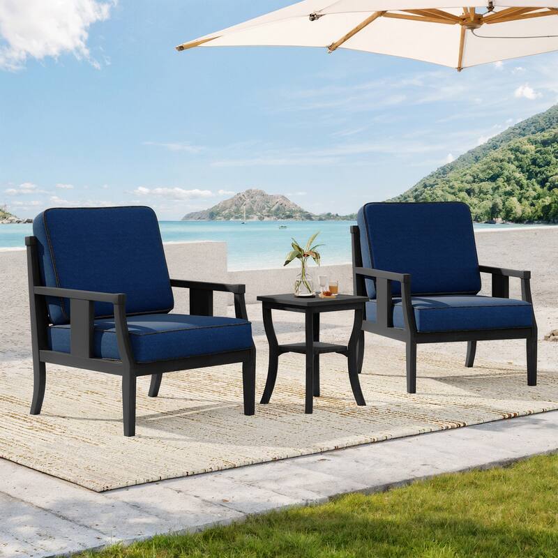 Wood Patio Bistro Set with Water-Resistant Cushions(Set of 3) - Navy/Black