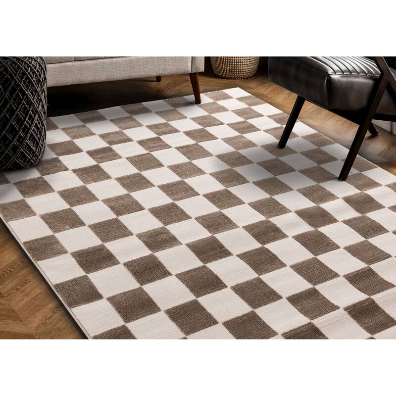 Leopold Collection - Checkered Brown White Geometric Area Rug
