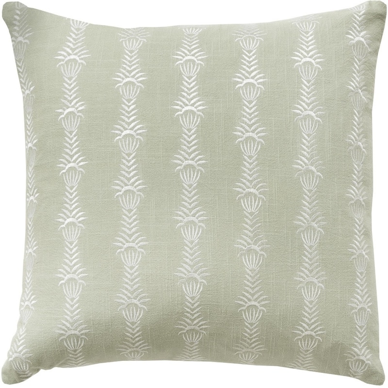 HomeRoots 20" Green and White Botanical Stripe Cotton Throw Pillow With Embroidery
