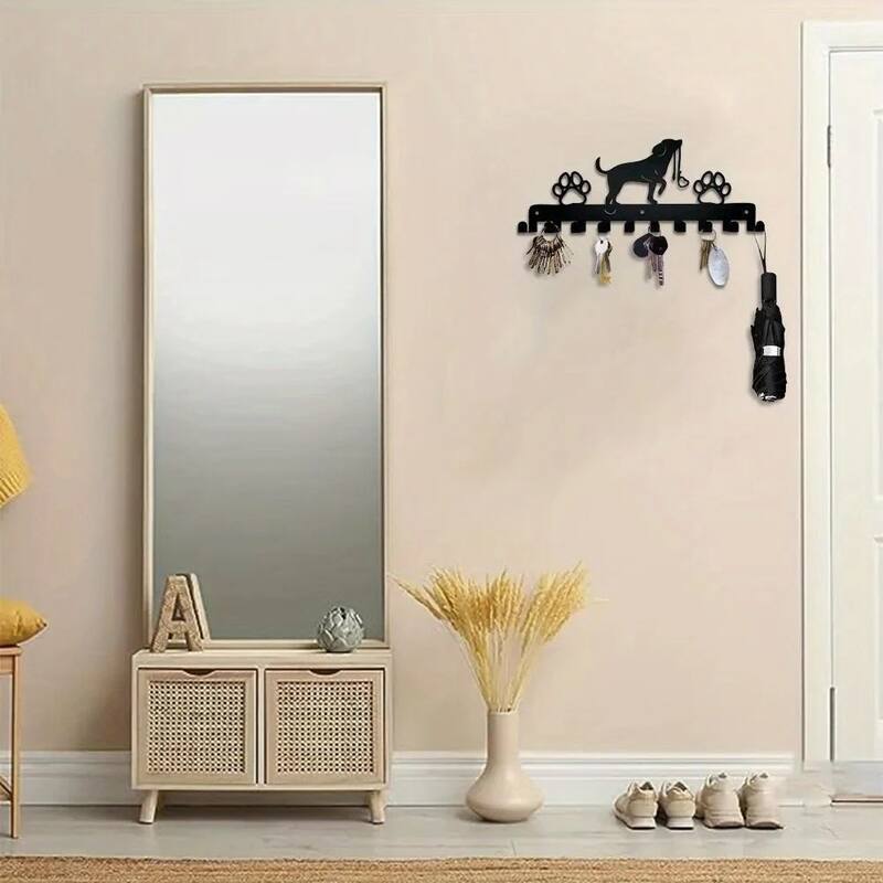 Black Metal Cute Dog Wall Hanging Storage Rack with Hooks for Home Entryway or Coat - 11.81”L x 4.96”H