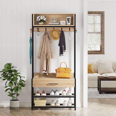 3-in-1 Hall Tree, Vintage Industrial Entryway Coat Rack with Shoe Bench and Hutch