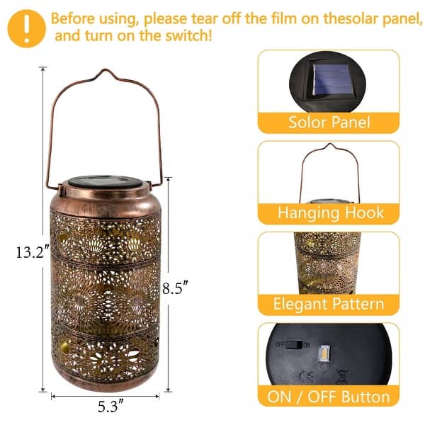Set of 2 Solar Hanging Lantern Lights with Hollowed-Out Design, IP44 Outdoor Waterproof Metal LED Decorative Light