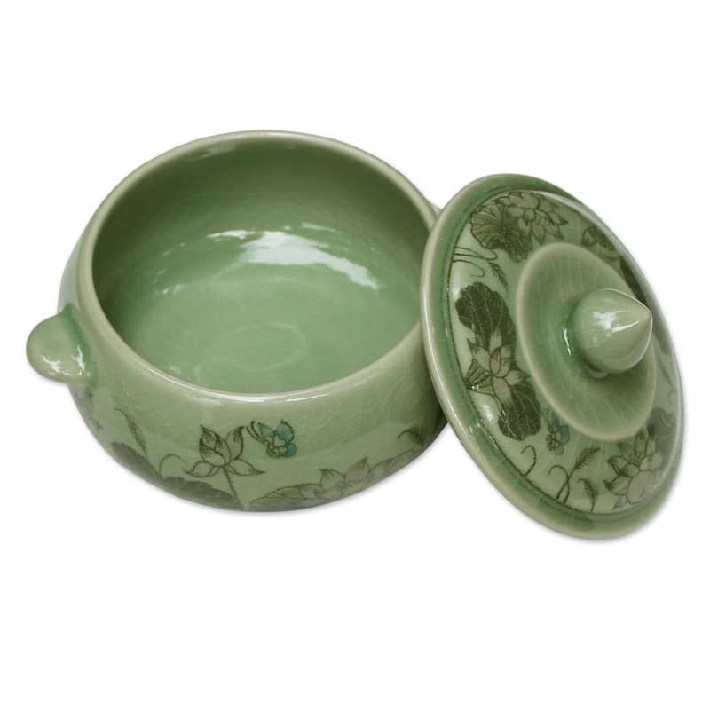Handmade Lotus Bouquet Celadon Ceramic Soup Bowl (Thailand) - 4.3" H x 6.25" W x 5.25" D