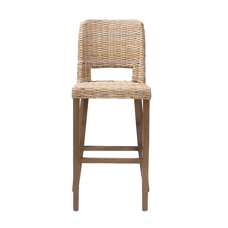Magy Modern Bohemian Grey Kubu Rattan and Mahogany Wood Bar Stool