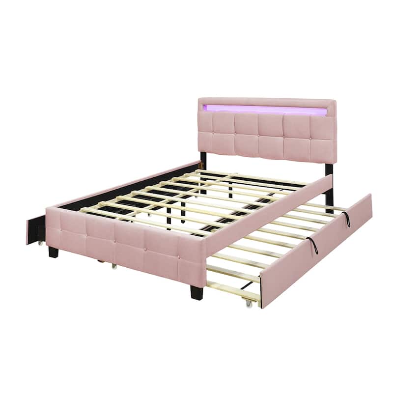 Queen Size Upholstered Platform Bed w/ LED Frame, Twin XL Size Trundle