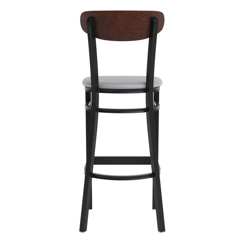 Commercial Metal Barstool with Wood Seat and Boomerang Back