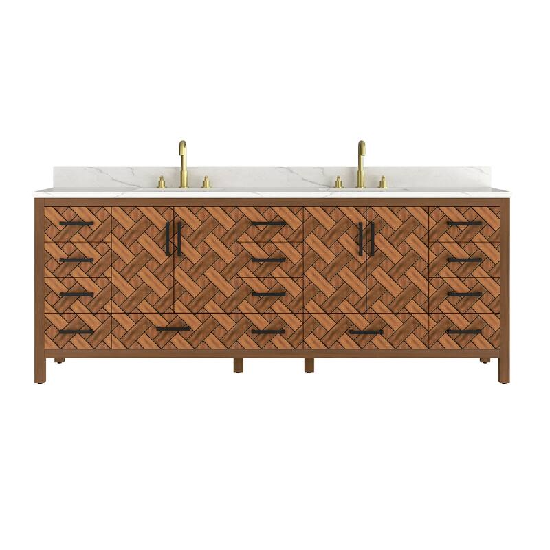 84" Freestanding Bathroom Vanity with Engineered Stone Top, Ceramic Double-Sink, Built-In Power Outlet, and Hair Dryer Storage