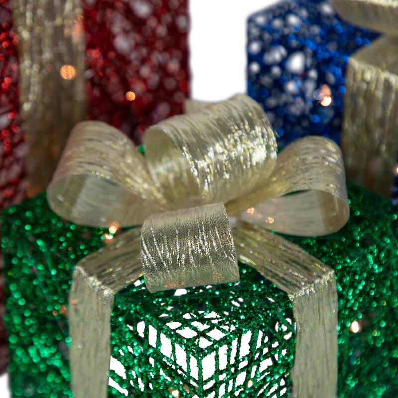 3 Lighted Red, Blue & Green Gift Boxes Christmas Decorations 9.75" - Red