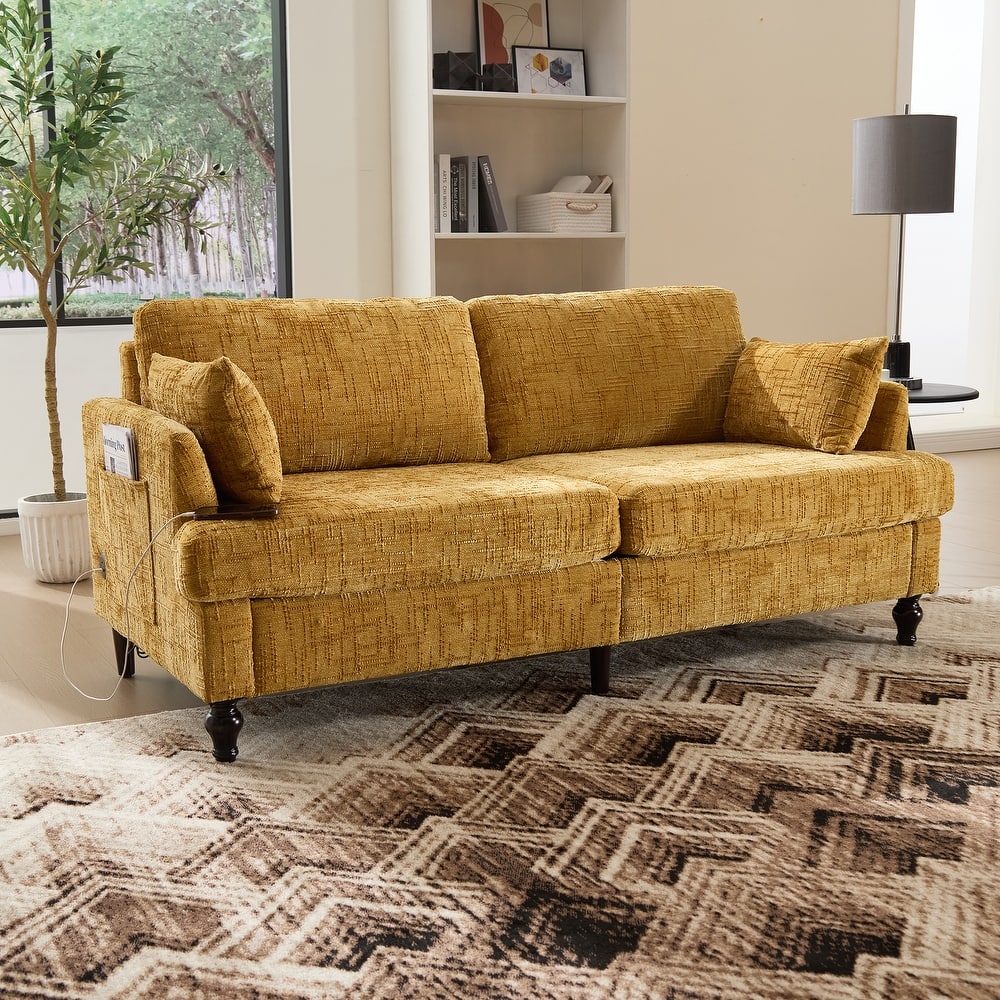 HOMEFUN Chenille Upholstered Mid Century Modern Wood Frame Loveseats Sofa with LED light,USB and Side Pocket